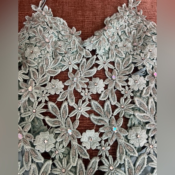 Light Blue Floral Lace Spaghetti Straps Slip Dress with Crystal Beaded Fringe. - Picture 2 of 8